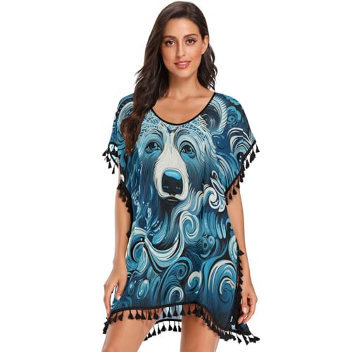 Blue Abstract Art Bear Women's Beach Cover Up Chiffon Tassel Swimwear Swimsuit Coverups for Girl