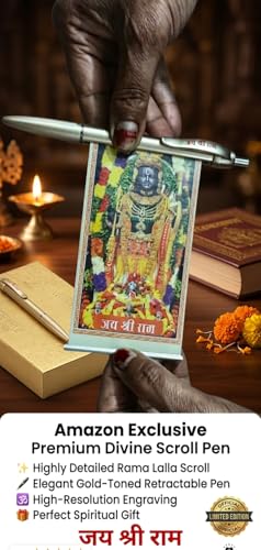 Image of Premium Gold-Toned Jai Shree Ram Engraved Metallic Ballpoint Pen with Pull-Out Rama Lalla Scroll - Exclusive Spiritual Gift & Devotional Stationery