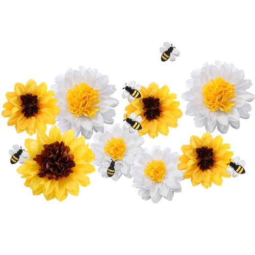 Feifeiya 14 Pcs Sunflower Daisy Tissue Paper Pom Poms Flower Bee Cutout Decorations Yellow Brown White 12