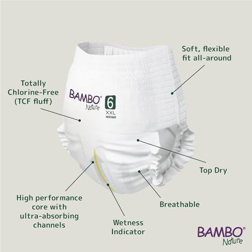 Image of Bambo Nature Premium Baby Pants Diapers for Kids XXL Size (15+ Kgs), Super Absorbent, Breathable, Extra Soft, Dermatologically Tested, Hypoallergenic Infant Nappies With Wetness Indicator, 18 Count