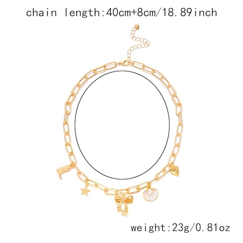 RINHOO Charm Necklace for Women 14K Gold Plated Shell Starfish Bow Pendant Necklace Summer Beach Paperclip Chain Jewelry Gifts (Style 1) — view 4