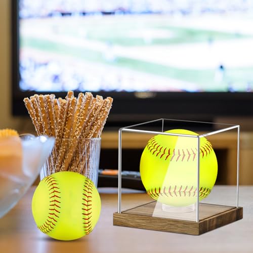 Image of Clear Acrylic Softball Display Case with Wood Base, Memorabilia Stand Cube Holder, Dust Protection Transparent Storage Box for Single Ball Souvenir Softball Collections