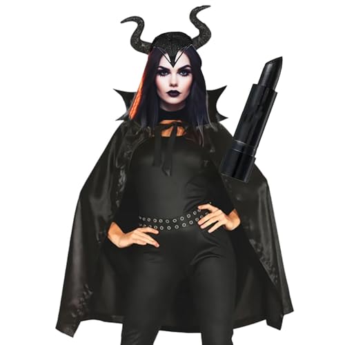 Kit Fantasia Malévola Festa Halloween: Capa Preta + Tiara Chifre ...