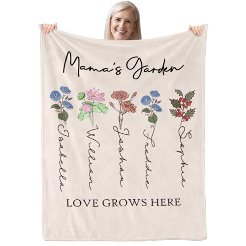 Yoltotude Mothers Day Blanket Personalized Gifts for Mom Custom Blanket with Kids Names Birth Month Flower Grandmas Garden Blankets Customized Birthday Gift for Grandmother Nana Gigi Mother
