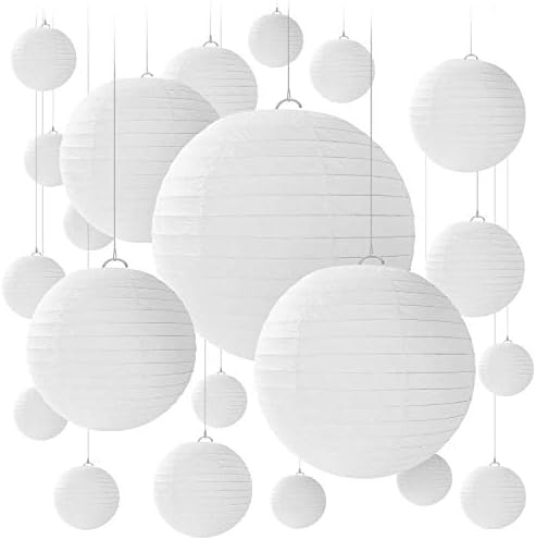 20 PCS White Round Paper Lanterns with Wire Ribbing, Different Sized Lampshades for Weddings, Birthdays,Parties, Rooms and Events - Assorted Sizes of 15, 20, 25, 30 cm