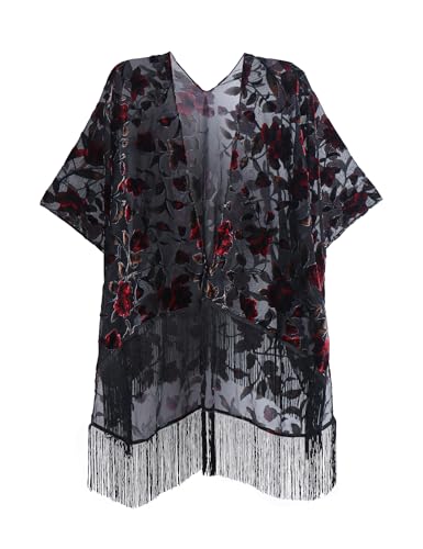 Image of MJ SERECA Women's Burnout Velvet Kimono Cardigan Cover Up with Tassel