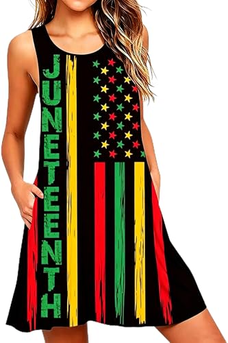 Image of Roshop Womens Juneteenth Flag Sleeveless Dress 4th of July Patriotic Swing Sundress with Pockets