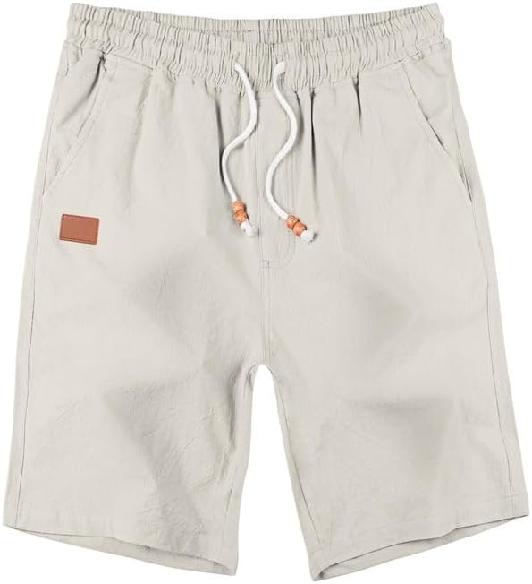 Men's Cotton Linen Shorts 9 inch Drawstring Casual Elastic Waist Summer Beach with Pockets - Image 3