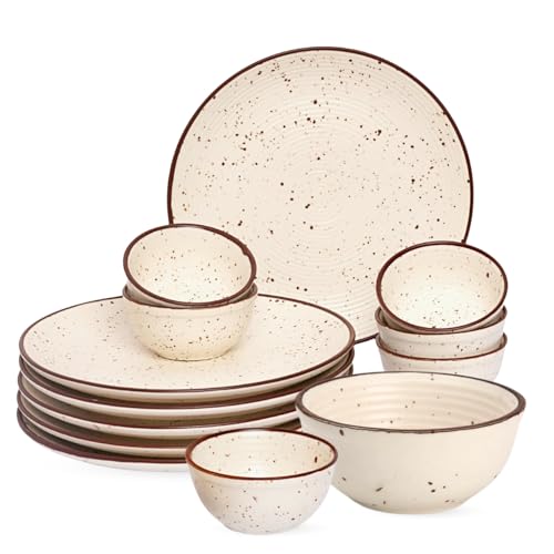 Image of Freakway Handcrafted Off White Stoneware Pack of 13 Pieces Ceramic Dinner Set 6 | Crockery Set for Dining Table | 6 Dinner Plates, 6 Bowl /katori & 1 Serving Bowl | Microwave & Dishwasher Safe