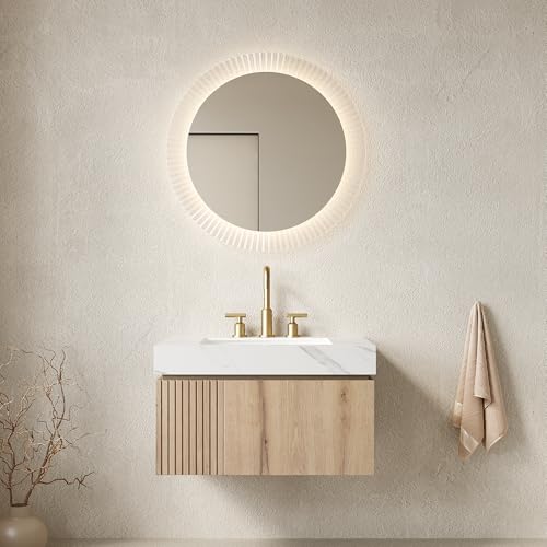Nobisilsan 30" Floating Bathroom Vanity Combo with Carrara White Sintered Stone Top & Ceramic Basin, 3-Hole Faucet Prep, White Oak Storage Cabinet with Soft-Close Drawer & Door, Pre-Assembled
