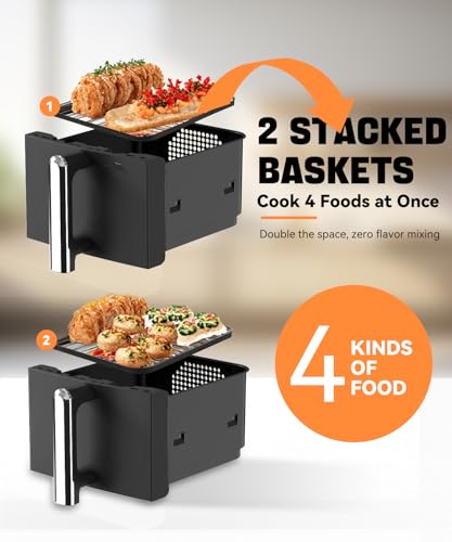 Image of 10QT Dual Layer Air Fryer Oven, 5QTx2 Capacity, Vertical 2-Basket Design, 7-in-1 Function with Broil, Roast, Bake, Reheat, Dehydrate, and Air Fry, Family Size, BPA-Free