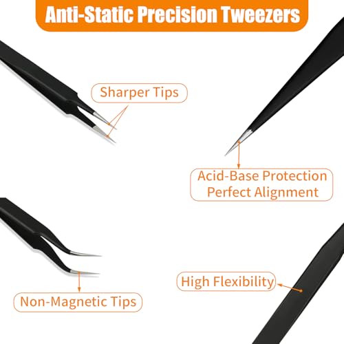 9 Piece Precision ESD Anti-Static Tweezers Set, Stainless Steel Non-Magnetic Tweezers with Storage Bag - Image 4