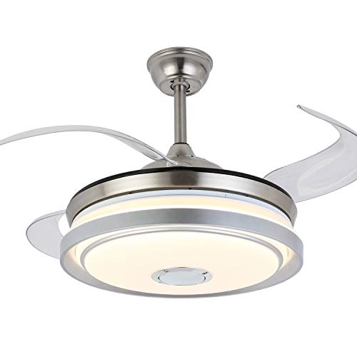 Retractable Ceiling Fan with Light and Bluetooth Speaker, 7 Color Change Bluetooth Fan Chandelier with Remote Silent Motor Indoor Fans 42Inch (Silver) (Modern)