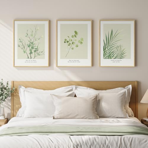 Framed Green Leaf Botanical 3 Piece Wall Art Bedroom, Modern