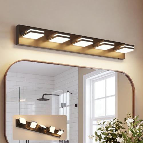 Image of VOLISUN 5 Light Bathroom Vanity Light, 34.25 inch Dimmable Bathroom Light Fixtures Over Mirror, 5 Color Temperatures, 180Rotatable Head, Black LED Vanity Lights for Bathrooms-ETL Certificated