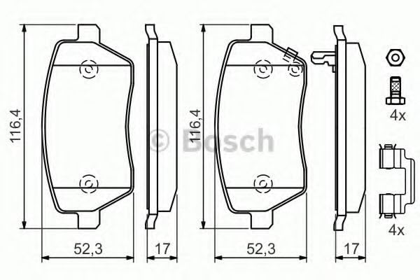 Bosch BP1071 - Pastiglie Freni Auto, Asse Anteriore - Qualità Bosch - Riduzione del Rumore e della Polvere - Certificazione ECE-R90 - Senza Rame - 1 Confezione da 4 Pastiglie - Con Accessori
