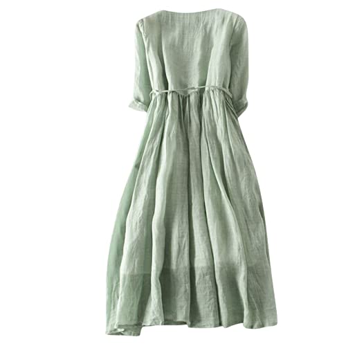 Women's Vintage Cotton Linen Dress Frill Trim Button Down 3/4 Sleeve Casual Midi Dresses Summer Loose Flowy Sundress Green #TOP3
