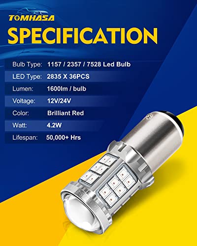 Tomhasa 1157 Led Bulb Red 1157 Led Brake Lights Bulb, Bright 36Smd-2835 Chipsets, 2357 Led Replacement Lamp For Stop Lights Brake Lights Tail Light Bulbs, Pack Of 2 #TOP5