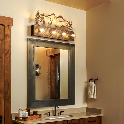 Image of TOCHIC Rustic Bathroom Vanity Light Over Mirror, 4 Lights Farmhouse Light Fixtures for Makeup Shaving, Dimmable Western Deer Sconces Wall Lighting for Mirror Cabinets, Powder Room, 24 inch L