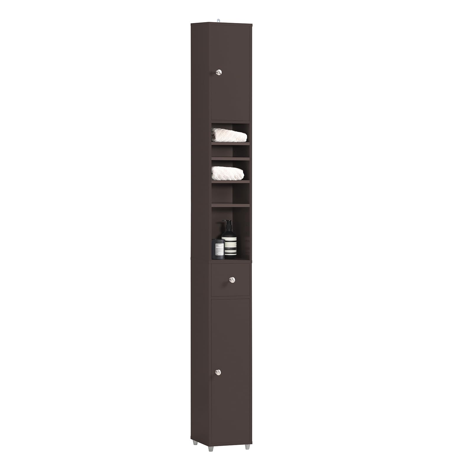 HAOTIANBZR34-BR, Brown Bathroom Tall Cabinet with 1 Drawer, 2 Doors and Adjustable Shelves, Bathroom Shelf, 7.87 x 7.87 x 70.87 Bathroom Tall Cabinet Cupboard