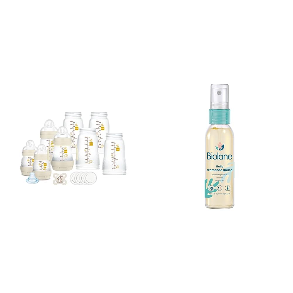 Mam Ensemble de 8 biberons de 130 ml, 160 ml et 260 ml, 1 tétine Start Nanò & BIOLANE - Huile d'amande douce - Bébé - Hydrate et protège la peau - Vitamine E - Soin - Bain - Massage