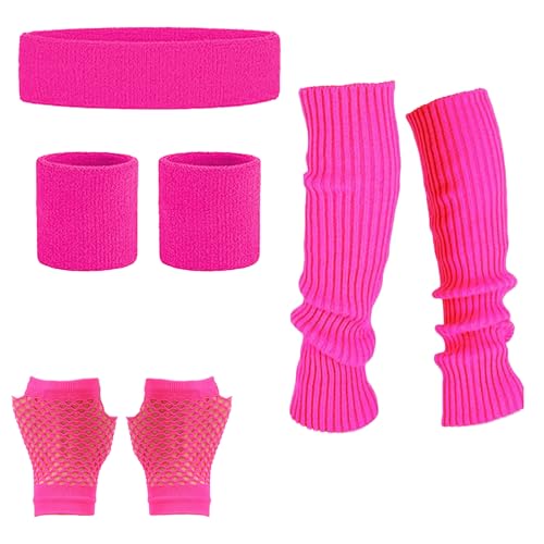 MUNSKT Conjunto de 4 aquecedores de pernas, luvas de rede, bandana, pulseiras, acessórios de fantasia dos anos 80, disfarces de festa temática retro dos anos 80, rosa