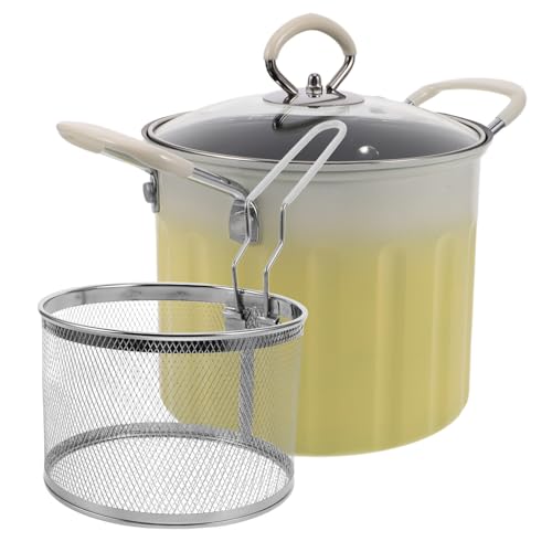 VOSAREA 1 Set Stainless Steel Fryer Multifunctional Drainer Drip Oil Kitchen Deep Fryer Pot Frying Pot Large Stock Pot Deep Frying Pan with Lid Soup Pot Yellow Refined Iron