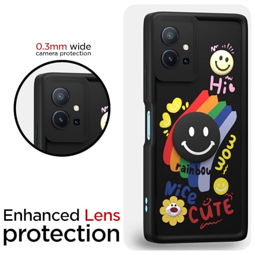 Image of Pikkme Back Cover for Vivo T1 5G / Vivo Y75 5G / iQOO Z6 5G | Soft Silicone| Cute Rainbow Smile & 3D Cartoon Flower Design | Shockproof Raised Camera Protection Bumper Case (Black)