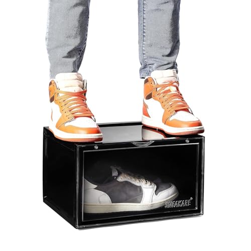 Image of SNEAKARE Stackable Shoe Storage Box | Heavy Duty Plastic Sneaker Crate with Magnetic Door | Shoe Organizer for Men & Women | Fits Upto UK 14 | Durable Shoe Storage Box Black Pack of-1