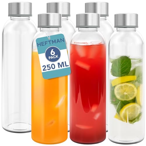 HEFTMAN Botellas de cristal de 250 ml con tapa, botella de agua de vidrio vacía, hermética, a prueba de fugas, tapa de acero inoxidable, agua, batidos, botellas de zumo para trabajo, gimnasio, hogar