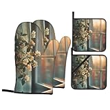 All lights on fire - Juego de guantes y alfombrillas aislantes del calor impresos, juego de 4 piezas, resistente a altas temperaturas, horno, parrilla, guantes para hornear y soportes para ollas