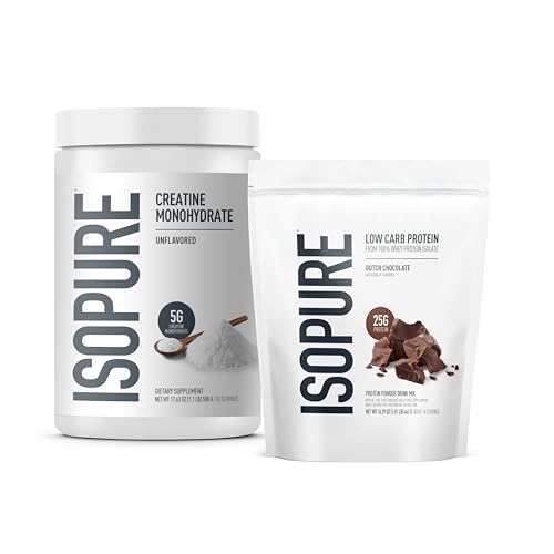 Image of Isopure Bundle of Low Carb 100% Pure Whey Isolate Protein Powder, Dutch Chocolate, 25g Protein Per Serving, 1 Lb, 15 Servings + Isopure 100% Pure Creatine Monohydrate Powder, 100 Servings