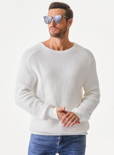 JMIERR Men's Crewneck Pullover Sweater Waffle Textured Knitted Sweaters Casual Loose Fit Sweaters with Ribbing Edge3