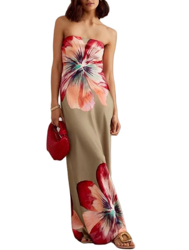 Image of Women Y2k Strapless Maxi Dress Floral Print Tube Long Dress Boho Beach Sundress Going Out Streetwear