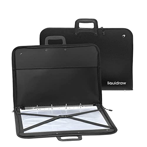 Liquidraw A3 Art Portfolio Case with 10 Sleeves Shoulder Strap Ring Binder Water Resistant Portfolio Bag, Black, Modern