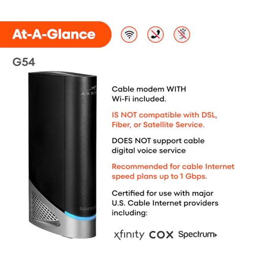 Image of ARRIS (G54) - Cable Modem Router Combo - Fast DOCSIS 3.1 Multi-Gigabit & BE 18000 WiFi 7 Comcast Xfinity, Cox, Spectrum Quad-Band 1, Up to 18 Gbps Max Speed