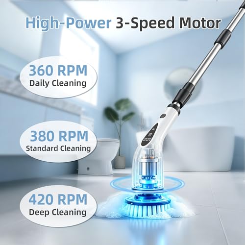 Image of Electric Spin Scrubber, 3-Speed Flat End Brush with 8 Brush Heads & Base, IPX7 Waterproof, Adjustable Long Handle, Digital Display, 2500mAh Fast Charging, for Bathroom, Tub, Tile, Floor