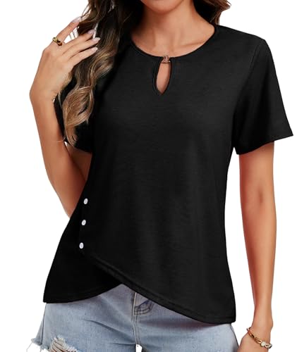 Womens Short Sleeve 2026 T-Shirts Crew Neck Summer Tops Asymmetric Hem