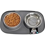 GORILLA GRIP Feeding Mat Set, Patent Pending 100% Waterproof BPA Free Silicone, Stainless Steel Cat and Dog Bowls, Slip Resistant, High Edges Catch Water Food, US Designed Pet Accessories, 2 Cup Gray