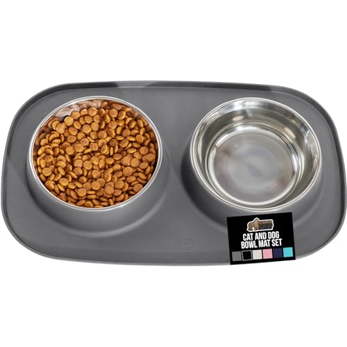 GORILLA GRIP Feeding Mat Set, Patent Pending 100% Waterproof BPA Free Silicone, Stainless Steel Cat and Dog Bowls, Slip Resistant, High Edges Catch Water Food, US Designed Pet Accessories, 1 Cup Gray