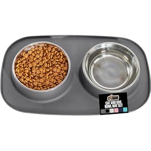 GORILLA GRIP Feeding Mat Set, Patent Pending 100% Waterproof BPA Free Silicone, Stainless Steel Cat and Dog Bowls, Slip Resistant, High Edges Catch Water Food, US Designed Pet Accessories, 2 Cup Gray
