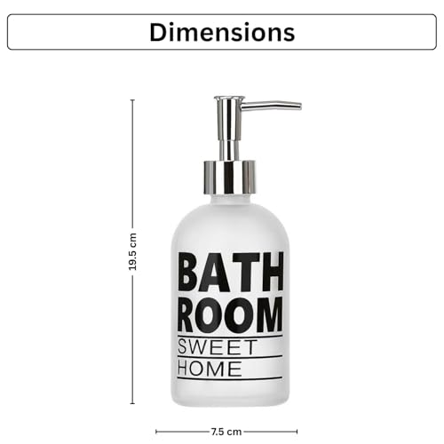 Image of Luxe Home International Bathroom Sweet Home Print Glass Soap Dispenser for Bathroom and Kitchen Sink Leak Proof Liquid Hand Wash Round Bottle Lightweight Smooth Finish (19.5x7.5 cm White) Pack of 1