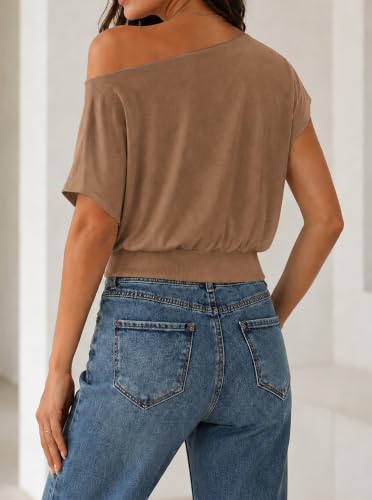 Image of SOFIA'S CHOICE Women's Off The Shoulder T Shirt Crop Top Casual Summer Dolman Sleeve Asymmetrical Cinched Waist Tops