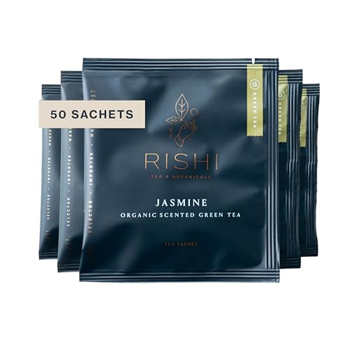 Rishi Tea Jasmine Green Tea - Organic Sachet Tea Bags, Caffeinated Scented Chinese Green Tea with Floral Aroma & Taste - 50 Count