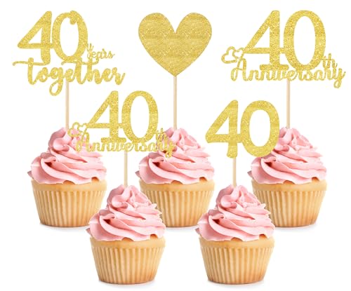 24 Pcs 40th Wedding Anniversary Cupcake Toppers Gold Glitter 40th