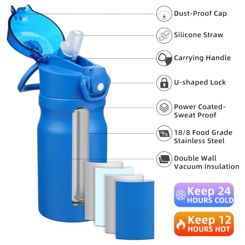 Image of BJPKPK 14 oz Insulated Water Bottle, Straw, Handle, Stainless Steel Flask | Leak Proof Locking Lid, Double Wall Vacuum, Keeps Hot /Cold, BPA Free, Dishwasher Safe, Travel & Sports, Blue