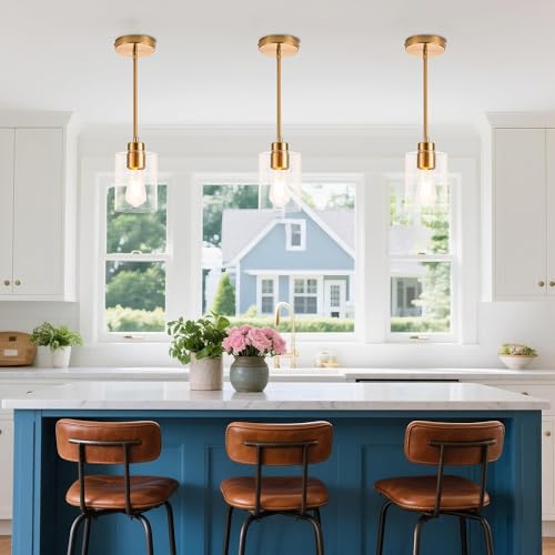 Image of MAYNA 3-Pack Brushed Brass Dining Room Light Fixtures, Modern Gold Pendant Lighting Over Island, Adjustable Rods Glass Chandelier for Kitchen Table (Bulbs Included)