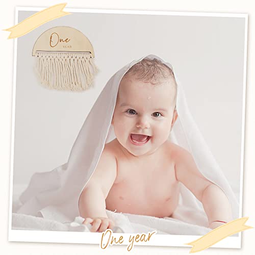 Boho Baby Monthly Milestone Cards | 7 Pcs Wooden Double Sided Discs From Newborn To 1 Year | Baby Gift Sets Incl. Hello World Baby Birth Announcement Sign For Baby Shower & Photo Props #TOP5