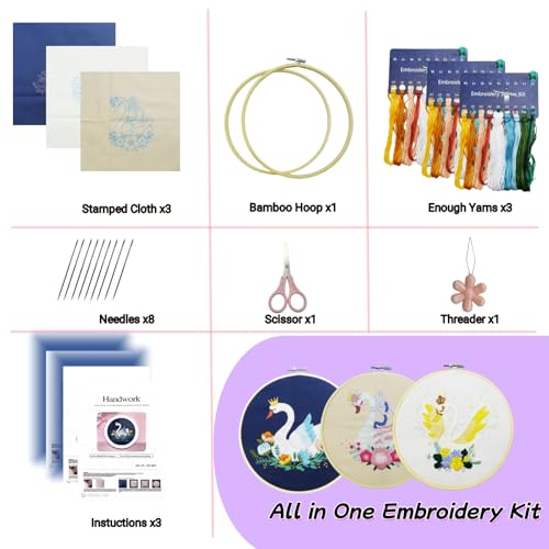 Image of Speedura 4-Set Embroidery Kit for Beginners - Easy Needlepoint Starter Kit for Adults to Learn Hand Embroidery with Stamped Designs, Cross Stitch Patterns, and Fun DIY Projects (Swan Dreams)