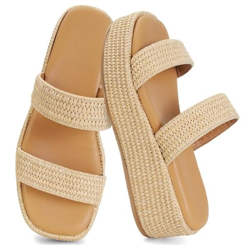 Dsevht Platform Sandals Women Cute Wedge Espadrilles Slip on Summer Beach Raffia Vacation Sandal Comfortable Open Toe Dressy Shoes